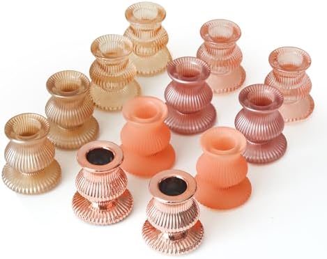WDHODEC Pink Gold Candlestick Holders 12PCS Glass Taper Candle Holders for Table Centerpiece Colorful Candle Sticks for Spring Wedding, Party and Festival Decoration by WDHODEC