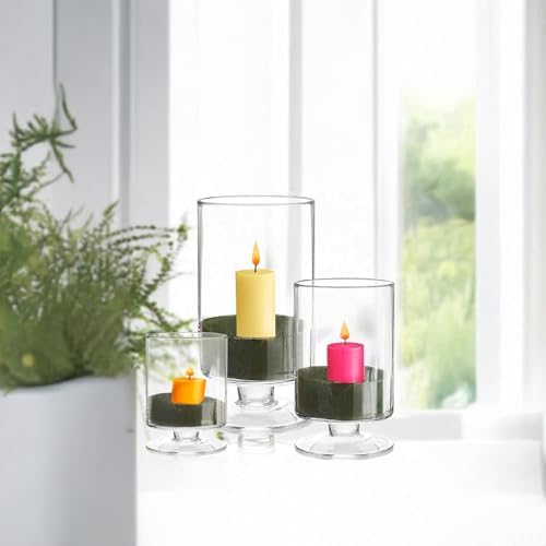 WGVI Clear Glass Pedestal Hurricane Candle Holder, 6"+8"+10" H, Decorative Vase for Pillar Candles, Short Stemmed Candleholder Cylinder, Tabletop, Home Décor, 1 Set of the Smaller 3 Sizes by WGVInternational-OpusGlassware