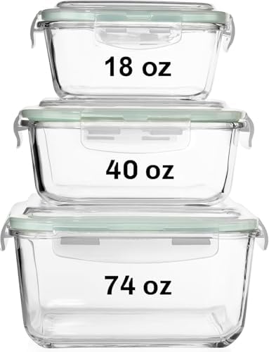 Razab 6 PC Square Glass Food Storage Containers with Airtight lids (74, 40 & 18 oz) Kitchen Glass Meal Prep Containers Set for Freezer Reusable Leftover Lunch Boxes, Oven, Microwave, Dishwasher Safe by RazabHomeGoods