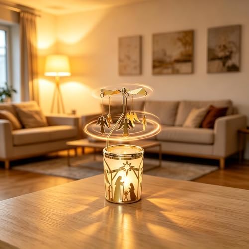 kingnero Carousel Candle Tea Light Holder Rotary Candle Holder Spinning Candleholder Metal Windmill Candlestick for Home Decor (Gold Angel) - Image 2