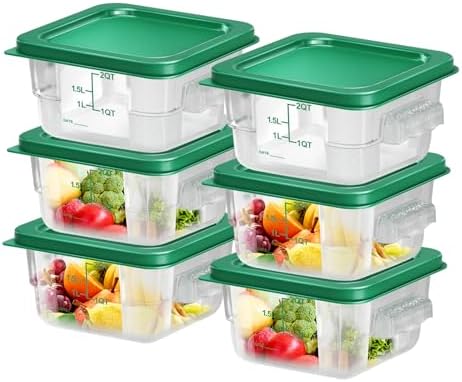 6 pcs 2qt Food Storage Containers with Lid, Square Clear Commercial Storage Containers with Handle and Scale for Food Storage in Home Kitchen & Dining (Green) by Unknown