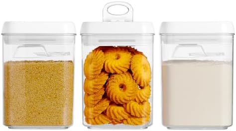 Felli Flip Tite Storage Container with Built-In Spoon & Airtight Lid 5” Large-M Ring Flip Top, Stackable Acrylic Canister for Sugar Flour Powder, Kitchen Pantry Organizer (1.8qt), 2 spoons by Felli