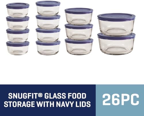 Anchor Hocking 26 Piece Glass Storage Containers with Lids (13 Glass Food Storage Containers & 13 Navy Blue SnugFit Lids) - Image 7