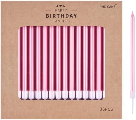 PHD CAKE 36-Count Pink Long Thin Metallic Birthday Candles, Cake Candles, Birthday Parties, Wedding Decorations, Party Candles, Cake Decorations by PHDCAKE