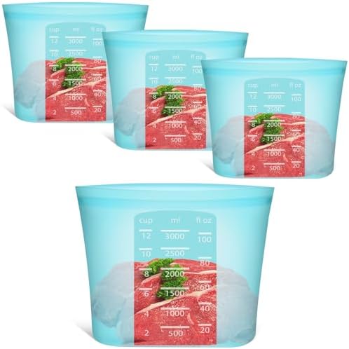 Reusable Food Storage Bags Extra Large, 0.8 Gallon/101 fl.oz/3000 ml, 4 Pack 100% Silicone Food Storage Bags Stand-Up Wide-Mouth Zip-Lock for Large Items, Freezer Microwave Oven Dishwasher Safe, Blue by Annaklin