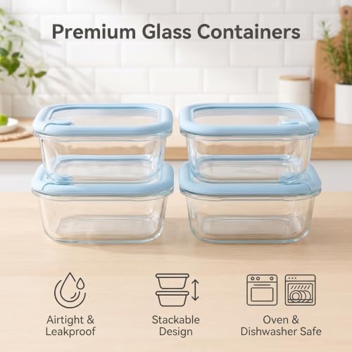 Glass Food Storage Container Set with Silicone Lids, Nestable Meal Prep Glass Bowls with Air Vent, Leakproof Airtight Kitchen Lunch Boxes, Oven, Microwave, Dishwasher Safe, 4 Pack, Square Shape - Image 2