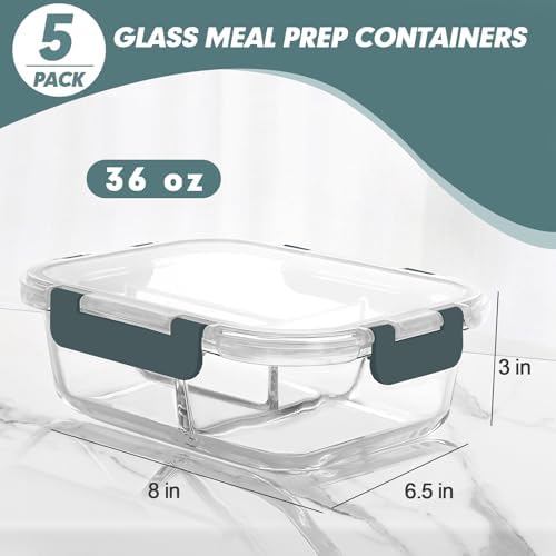 KOMUEE Glass Meal Prep Containers 3 Compartments, 5 Pack 36 oz - Image 4