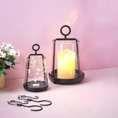 6" & 4" Wide Modern Farmhouse Metal Hurricane Candle Holder with Handmade Sturdy Glass Sleeve in Black for Pillar Candle & Plants, Glass Hurricane Lantern, Industrial, Minimalistic - Image 4