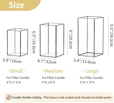 Nuptio Glass Hurricane Candle Holder for Pillar Candles 3 Pcs Black Metal Candle Holders Large Rectangular Candleholder Vase Centerpieces Decoration for Halloween Christmas Party 9.5 & 8.1 & 6.5 inch - Image 3