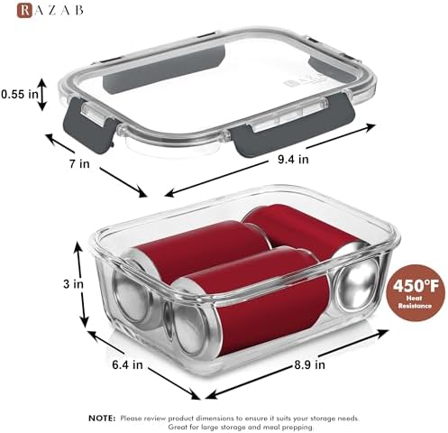 Razab 2 Pcs 1860ml / 63 Oz Large Glass Food Storage Containers with Lids - Glass Meal Prep Containers with Locking Lids for Roasting, Storing Leftover, Lunch Container, BPA Free, Microwave & Oven Safe - Image 4