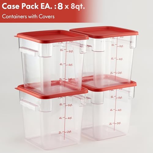 CURTA 8-Pack 8 Qt NSF Clear Polycarbonate Food Storage Containers with Red Lids - Square, Commercial-Grade, Freezer & Dishwasher Safe, Stackable - Image 2