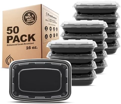 Freshware Meal Prep Containers [50 Pack] 1 Compartment Food Storage Containers with Lids, Bento Box, BPA Free, Stackable, Microwave/Dishwasher/Freezer Safe (16 oz) by Freshware