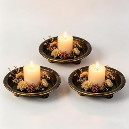 Candle Holder Set of 3 Iron Candle Holder Tray, Retro Round Plate - Image 4