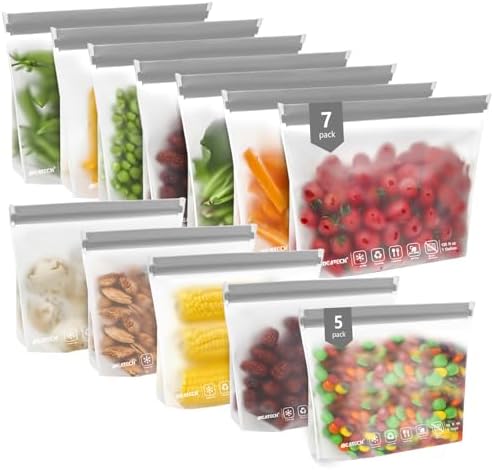 IDEATECH Sandwich Food Storage Bags, BPA Free PEVA Reusable Gallon Freezer Bags, Reusable Sandwich Bag, Healthy Food Containers for Lunch, Travel (Grey, 12Pack-7Gallon+5Quart) by IDEATECH