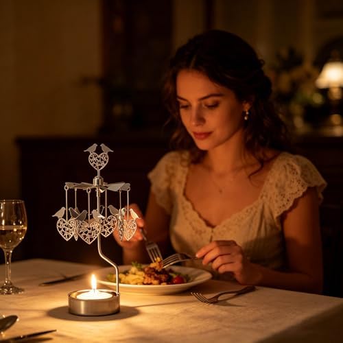 kingnero Rotary Candle Holder Spinning Candleholder Tea Light Candle Powered Carousel Small Gift (Heart&Bird) - Image 2