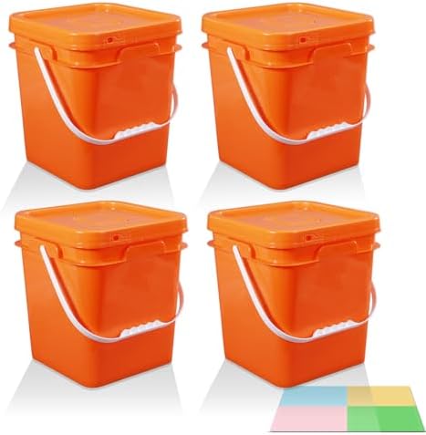 Food Storage Buckets with Lids - 4 Set Square Clear Plastic Containers, Airtight Pressure Seal & Handle for Kitchen Freezer Prep (Orange, 1.3 gal) by UMETASS