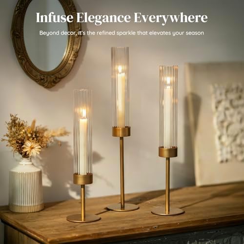 Glasseam Hurricane Gold Candlestick Holders: 6Pcs Taper with Glass Cylinder - Image 3