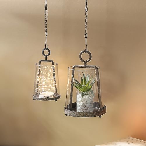 6" & 4" Wide Modern Farmhouse Metal Hurricane Candle Holder with Handmade Sturdy Glass Sleeve in Rustic Brown for Pillar Candle & Plants, Glass Hurricane Lantern, Industrial, Minimalistic - Image 5