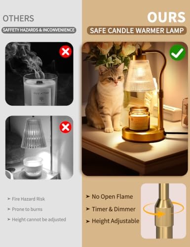 Candle Warmer Lamp for Jar Candles, Height Adjustable & Dimmable with 2/4/8H Timer, 2 * 50W Halogen Wax Melter Warmer for Home Office Décor, Flameless & Smokeless, Gift for Women Mom,Gold-Clear - Image 2