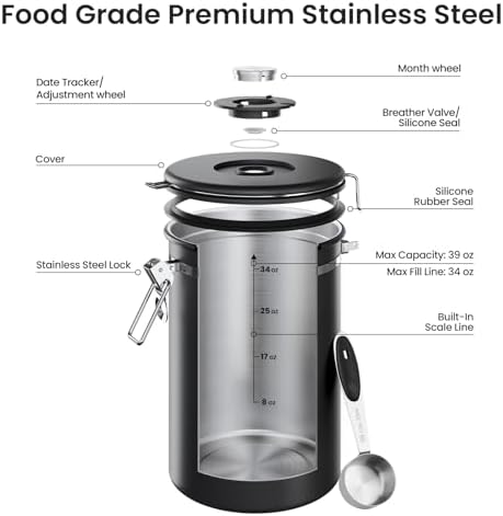 Veken Coffee Canister,39OZ, 2.2lbs,Large Airtight Stainless Steel Container - Image 5