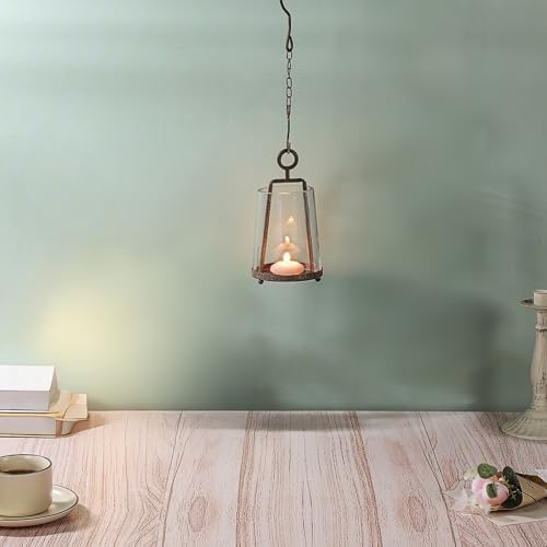4" Wide Modern Farmhouse Metal Hurricane Candle Holder with Handmade Sturdy Glass Sleeve in Rustic Brown for 2" Pillar Candle & Plants, Glass Hurricane Lantern, Industrial, Minimalistic - Image 4
