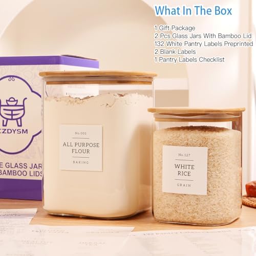 2 Pack large Square Glass Flour and Sugar Containers with 132 Kitchen Pantry Labels - 110 floz & 51 floz - Glass Jars with Airtight Bamboo Lid - Glass Rice Canisters for Coffee, Pasta, Cookie, Cereal - Image 2