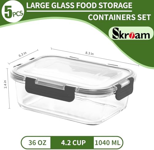 Skroam Large Glass Food Storage Containers with Lids Airtight, 5-Pack 36OZ - Image 2