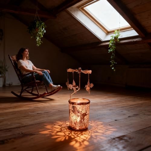 Kingnero Rotary Candle Holder Metal Spinning Windmill Candlestick Carousel Candle Tea Light Holder for Home Decoration for Mom Women Wife Children (Rose Gold Hummingbird) - Image 4