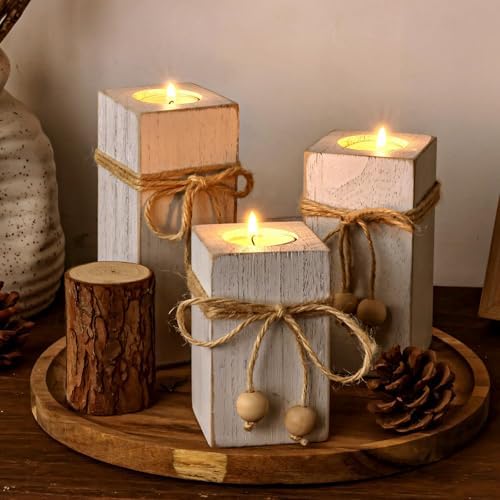 White Farmhouse Candle Holder with Flameless LED Candles Farmhouse Decor 3p by MelonBoat