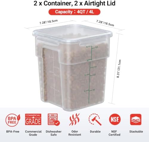 2 Pack 4 QT Airtight Commercial Food Storage Containers, BPA-Free Translucent Polypropylene, Built-In Labeling Area, Stackable for Sugar & Rice, Tall Model - Image 2