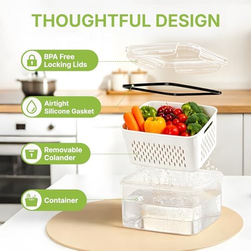 5 Pack Large Fruit Storage Containers for Fridge, Leakproof Produce Containers with Removable Colanders, Dishwasher Safe Fridge Organizers and Storage, Keep Berry, Vegetables Fresh Longer - Image 5