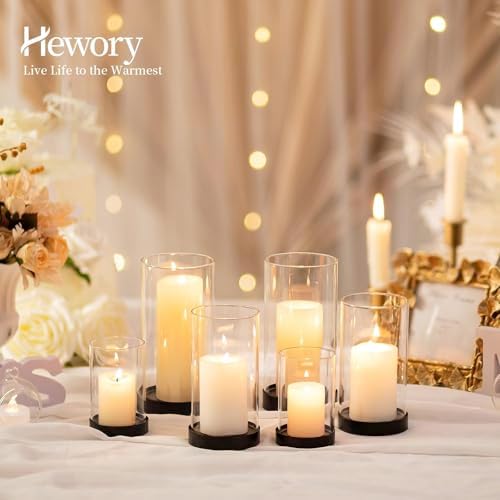 Hewory Hurricane Candle Holder for Pillar Candles: Black Votive Candle Holders Set of 12, Glass Hurricane with Metal Candle Plate, Pillar Candle Holder for Table Centerpiece Wedding Holiday Home Decor - Image 3