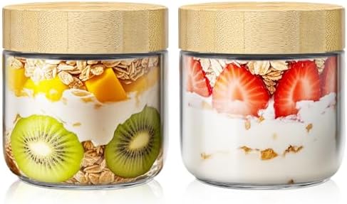 10 oz Overnight Oats Containers with Bamboo Lids, Glass Mason Jars 2 Pack by HomArtist