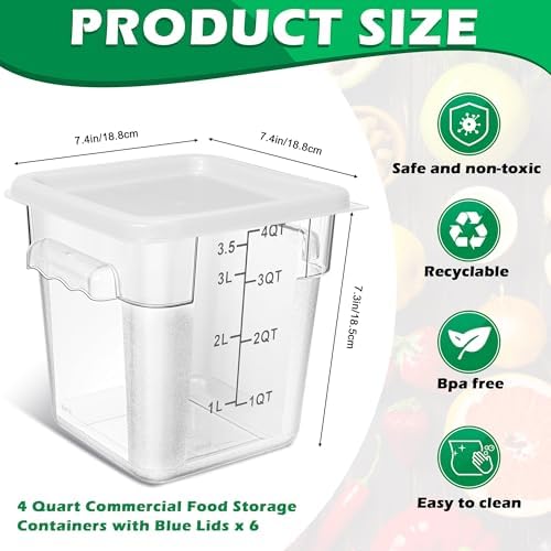Yungyan 6 Pcs Commercial Clear Food Storage Containers 4 Qt Square Acrylic Airtight Food Storage Containers with Lids for Kitchen Restaurant Pantry Freezer Flour Sugar (White) - Image 2