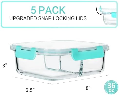 M MCIRCO 5 Pack,36 oz, 3 Compartments Glass Meal Prep Containers with Lids - Image 2