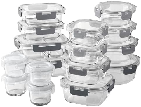 COOK WITH COLOR Premium 32-Pc. Borosilicate Glass Food Container Set with Dividers - 4 Rectangles, 8 Rounds, 4 Squares - Leakproof Lids - Meal Prep, Storage, Ombre Grey by CookwithColor
