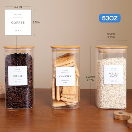 CZZGSM 3 Pack Square Glass Kitchen Storage Jars with Airtight Bamboo Lids and 132 Pantry Labels - 54oz Glass Canisters with Wood Lids - Food Storage for Sugar, Rice, Pasta, Cereal - Image 4