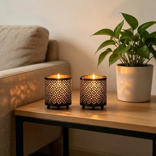 Hosley Set of 2 Black (Gold Inside) Metal Jar Holder Candle Sleeve 4.5" High. Votive, Tea Light Lanterns Ideal Gift for Weddings, Parties, Spa and Aromatherapy O6 - Image 2