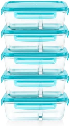 Pyrex Glass Meal Box (5-Pack, 4 Cup) Divided Compartments, Locking Lids by Pyrex