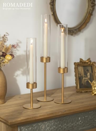 Romadedi Glass Hurricane Candle Holders for Candlestick, Gold, Set of 3 - Image 2