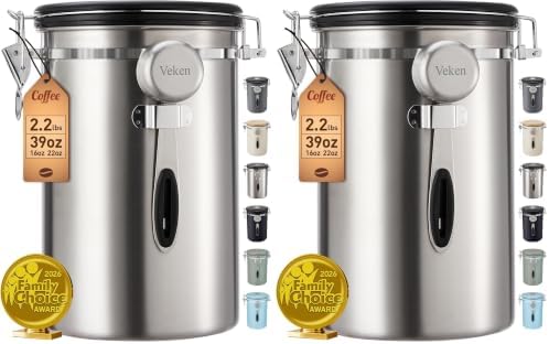 Veken Coffee Canister,39OZ, 2.2lbs,Large Airtight Stainless Steel Container Kitchen Food Storage Jars for Beans,Ground, Espresso, Rice,Tea, Sugar, Cereal, Gifts, Date Tracker, Scoop, Silver(Pack of 2) by Veken