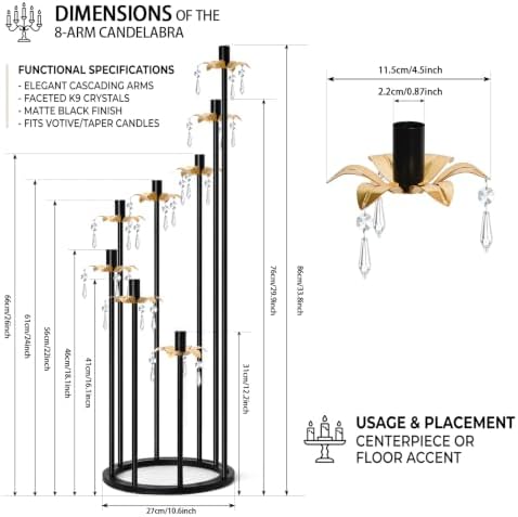 8 Arms Candelabra Candle Holder for Wedding Decorations, 33.8 inches Tall Metal Candlesticks Holder for Table Dinner Party Valentines Day Fireplace Decoration (2, Black&Gold Set) - Image 2