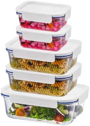 LocknLock LNG455S5W The Clear Borosilicate Glass Food Storage Containers with Lids, 10-Piece Set for Kitchen, Lunch, Meal Prep, Leftovers, Leakproof, Freezer, Microwave, and Dishwasher Safe by LocknLock