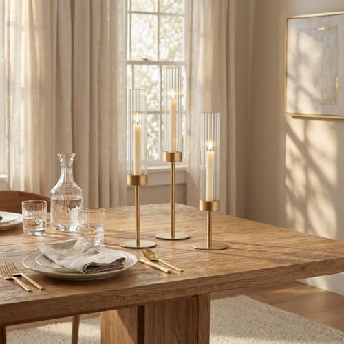 Hewory Gold Hurricane Candle Holders: 12 PCS Brass Tall Candlestick Taper Candle Holders Bulk for Candlesticks Candle Sticks Holder Decor for Table Centerpiece Wedding Party Christmas Decorations - Image 3