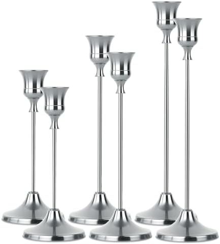 2 Sets(6 Pcs) Silver Tapered Candle Holder,Candlestick Tall Metal Candlestick Holders for Table Centerpiece Home Decor for Wedding Fireplace Mantel Housewarming Gift Fits 3/4 Inch Thick Candles by Unknown