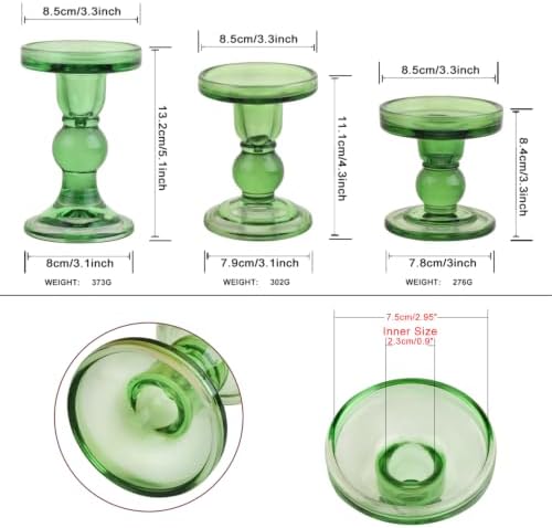 3-Piece Set of Green Glass Candlestick, Crystal Candlestick Holder Holder and Conical Candle, Christmas Candle Holder Decoration, Family Living Room Wedding Candle Holder (green1set) - Image 2
