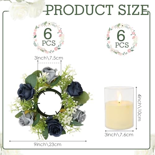 Blue Rose Candle Rings with Flameless Candles Sets - 12PCS Artificial Flower Eucalyptus Wedding Centerpiece 3 Inch Pillar Candleholders Wreaths for Wedding Party Decor (Dusty Blue &Silver Rose) - Image 2