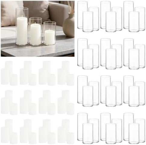 36-Pack White Pillar Candles (2''X3,4,6) & 36-Pack Glass Cylinder Vases(2.6''X5,6,8),Hurricane Candles,Wedding Centerpiece Decor Set-Mixed Heights for Table, Proposal, Event. by Veiuwa