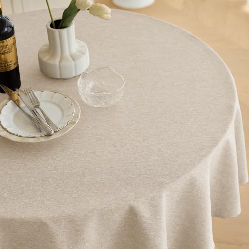 Decorelia Faux Linen Texture Waterproof Round Tablecloth 60 inch, Cream - Image 2