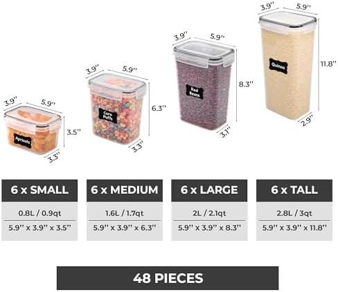 Freshware Kitchen Storage Containers with Lids, 48 PCS Airtight Food Storage Containers, Plastic Kitchen Containers, Pantry Containers for Cereal, Dry Food, Includes Labels, Marker & Measuring Spoons - Image 2